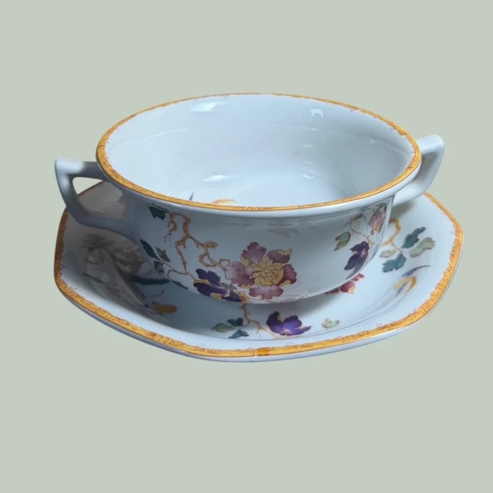 Wedgwood Devon Rose Chinoiserie Cream Soup Bowl and Saucer Floral Bird England